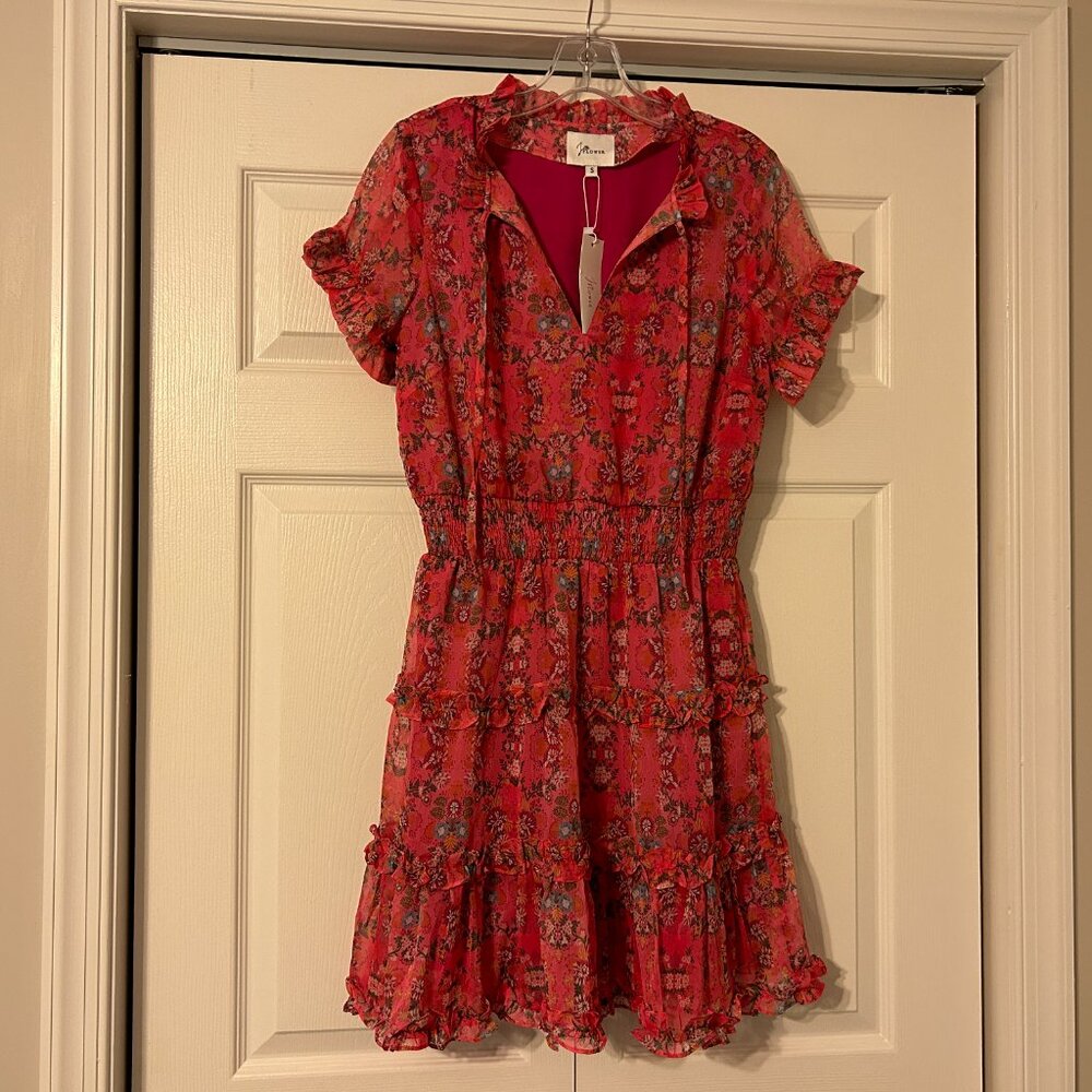 NWT J FLOWER Sz S Pink with Multi-Color Floral Ruffle Avery Dress NEW $218